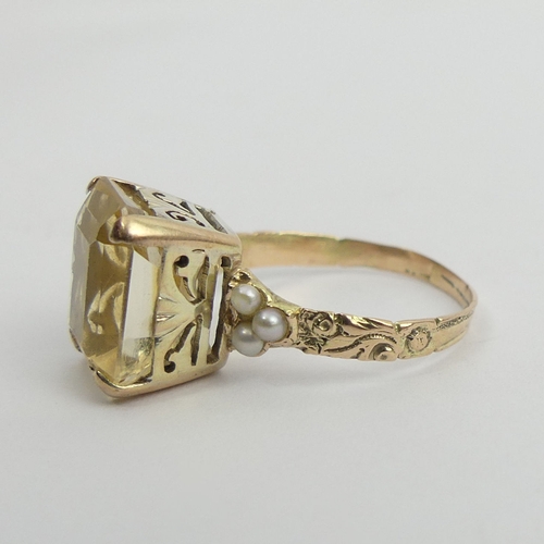 64 - Gold citrine and seed pearl ring, 2.4 grams, 11.1mm, size K. UK Postage £12.