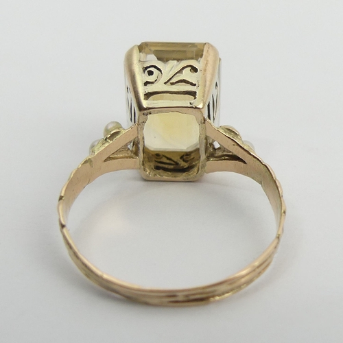 64 - Gold citrine and seed pearl ring, 2.4 grams, 11.1mm, size K. UK Postage £12.