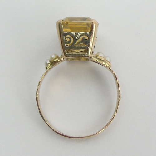 64 - Gold citrine and seed pearl ring, 2.4 grams, 11.1mm, size K. UK Postage £12.