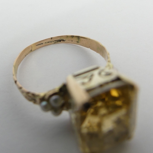 64 - Gold citrine and seed pearl ring, 2.4 grams, 11.1mm, size K. UK Postage £12.