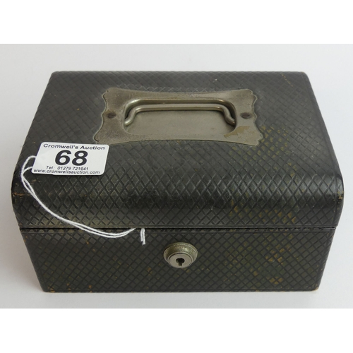 68 - An old leather clad jewellery box and contents including a silver and enamel butterfly brooch and a ... 