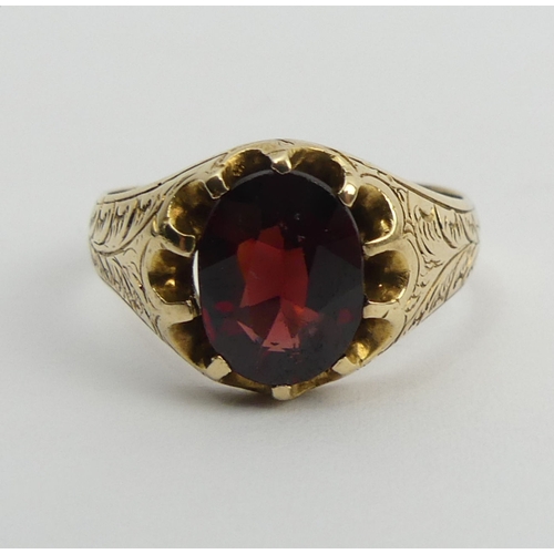 72 - 9ct gold garnet single stone ring, Chester 1907, 4.6 grams, 12mm, size R. UK Postage £12.