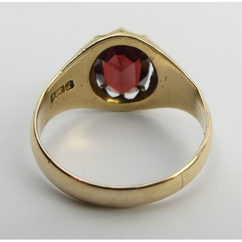 72 - 9ct gold garnet single stone ring, Chester 1907, 4.6 grams, 12mm, size R. UK Postage £12.