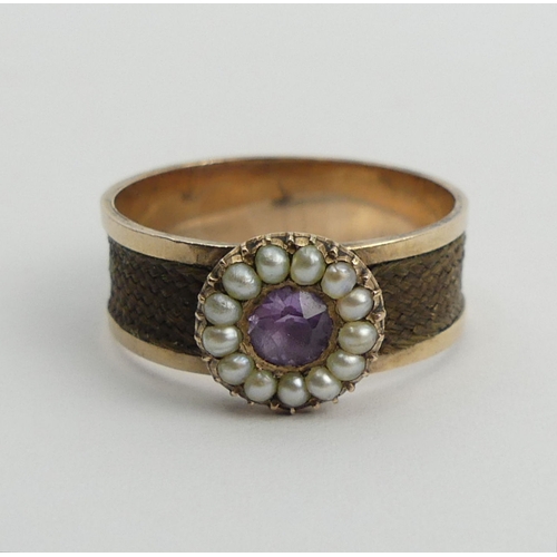 84 - Victorian gold, amethyst seed pearl and hair mourning ring, 2.6 grams, 9mm, size P1/2.  UK Postage £... 