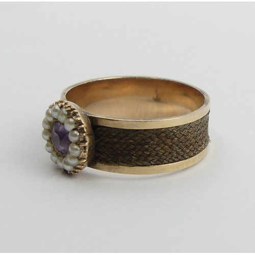 84 - Victorian gold, amethyst seed pearl and hair mourning ring, 2.6 grams, 9mm, size P1/2.  UK Postage £... 