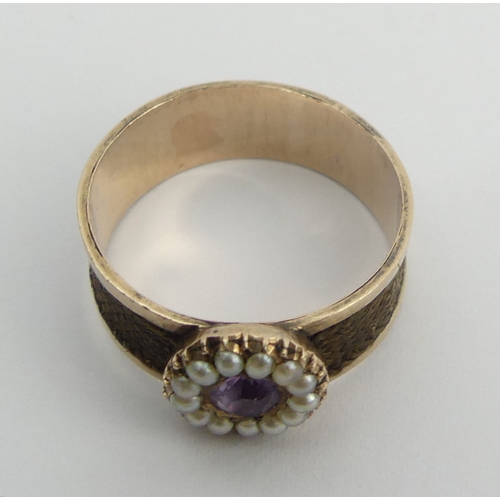 84 - Victorian gold, amethyst seed pearl and hair mourning ring, 2.6 grams, 9mm, size P1/2.  UK Postage £... 