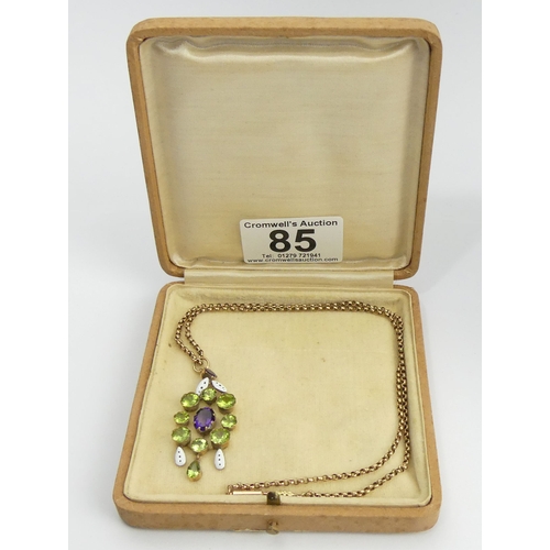 85 - 9ct gold suffragette colours amethyst, peridot and white enamel pendant and chain, 7.5 grams, pendan... 