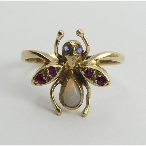 88 - 9ct gold opal, ruby and sapphire fly/bug ring, 2 grams, 15mm, size N. UK Postage £12.