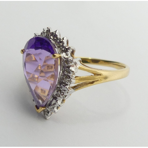 102 - 18ct gold amethyst and diamond ring, 4 grams, 18.3mm size N1/2.  UK Postage £12.