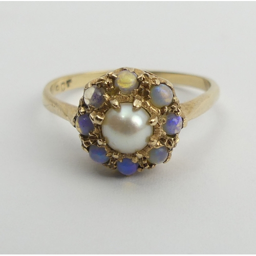 103 - 9ct gold split pearl and opal cluster ring, 2.9 grams, 10.8mm, size R.  UK Postage £12.