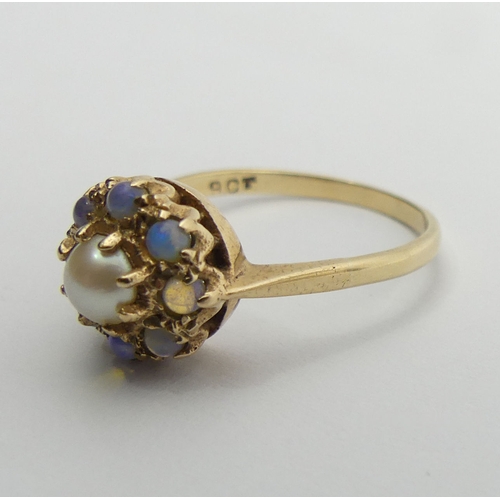 103 - 9ct gold split pearl and opal cluster ring, 2.9 grams, 10.8mm, size R.  UK Postage £12.