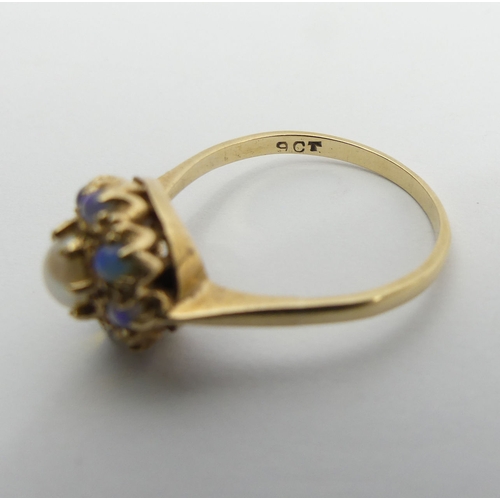 103 - 9ct gold split pearl and opal cluster ring, 2.9 grams, 10.8mm, size R.  UK Postage £12.