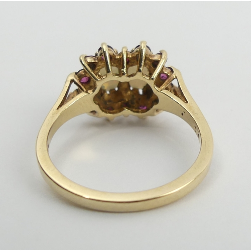 106 - 9ct gold double opal and ruby cluster ring, 3.1 grams, size N1/2.  UK Postage £12.