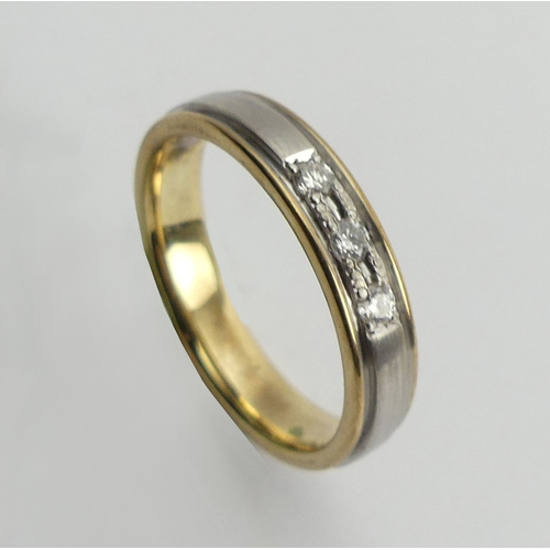 110 - 9ct two colour gold diamond, three stone ring, 3.7 grams, 4mm, size M. UK Postage £12.