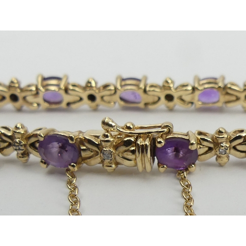 117 - 9ct gold amethyst and diamond bracelet, 10 grams, 17cm, 5.2mm wide. UK Postage £12.