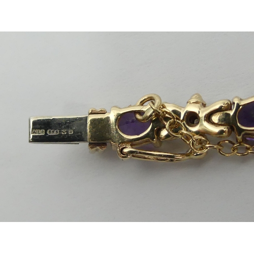 117 - 9ct gold amethyst and diamond bracelet, 10 grams, 17cm, 5.2mm wide. UK Postage £12.