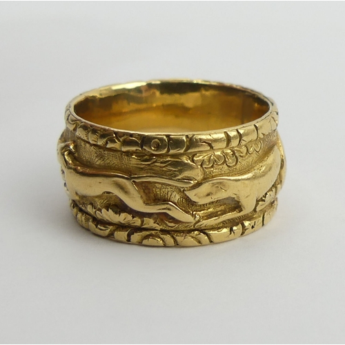 118 - Antique Georgian hunting scene design gold ring (tests 18ct), 7.8 grams, 11.5mm wide, size T 1/2. UK... 