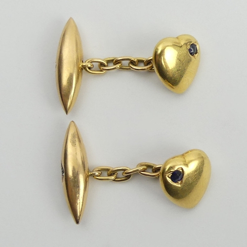 120 - A pair of 15ct gold (tested) sapphire and diamond cufflinks, 8.1 grams. UK Postage £12.