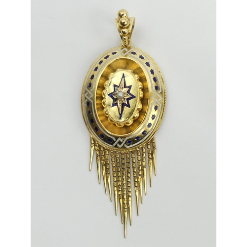 123 - 15ct gold (tested) enamel and seed pearl memorial locket tassel pendant, 8.1 grams. UK Postage £12.