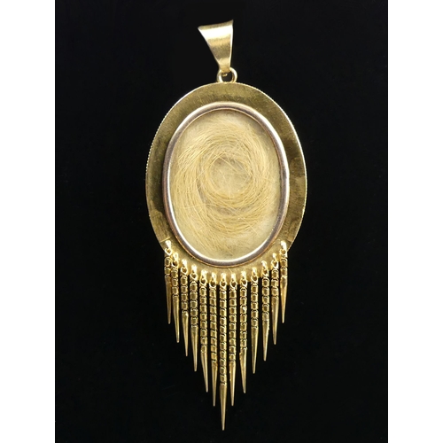 123 - 15ct gold (tested) enamel and seed pearl memorial locket tassel pendant, 8.1 grams. UK Postage £12.