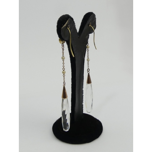 124 - A pair of gold rock crystal and seed pearl drop earrings, 7.3 grams, 79mm long. UK Postage £12.