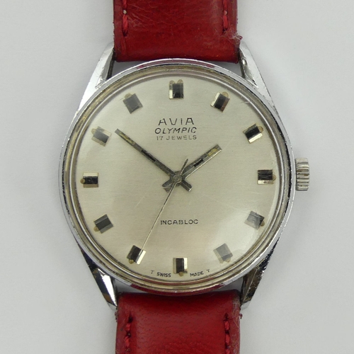 127 - Avia Olympic 17 jewel manual wind gents watch on a red leather strap, 36mm inc. crown. UK Postage £1... 