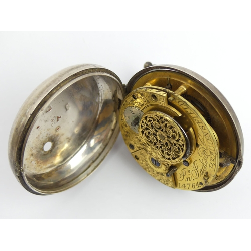 135 - Silver pair case pocket watch, London 1811, a nickel cased pocket watch and a gold plated example. U... 