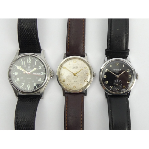 147 - Three gents watches a manual wind Vertex and Regency along with a Quartz Royal London, all on leathe... 