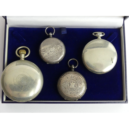 148 - Four pocket watches, two silver fancy dial examples and two nickel cased examples, largest 75mm x 54... 