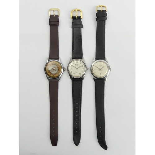 153 - An Elgin manual wind watch, a  Wyler example and a Lanco two tone dial gents watch, 35mm+ 36mm inc. ... 