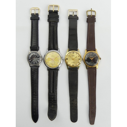 155 - Four gents manual wind watches, Zenith, Buler, Exacto, and Bravingtons, 32mm-40mm inc. crowns. UK Po... 