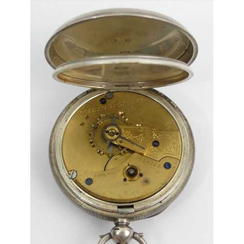 156 - Victorian silver pocket watch and Albert chain, Birm. 1891, chain 57.7 grams, watch 53mm x 74mm. UK ... 