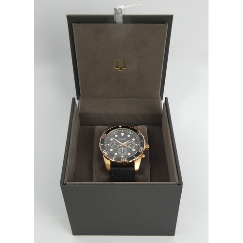 160 - Bulova men's classic black rubber strap chronograph quartz watch (boxed), 46mm inc. crown. UK Postag... 