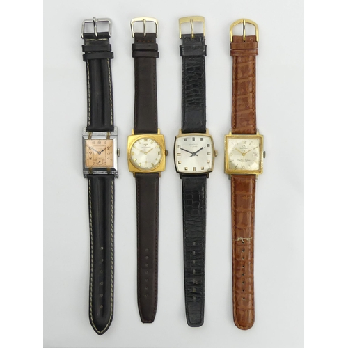 165 - Four manual wind gents square face watches on leather straps. UK Postage £12.