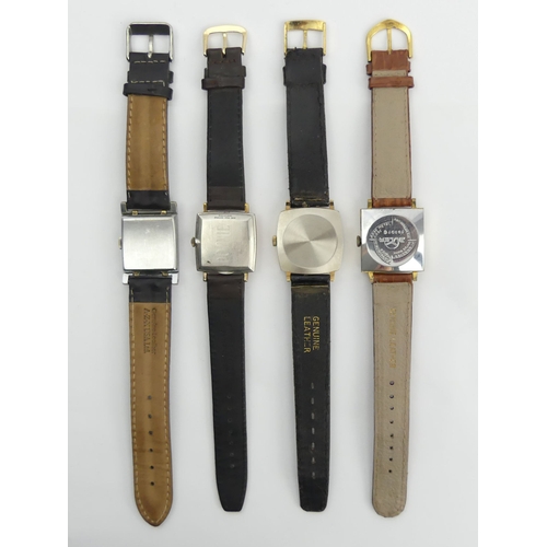 165 - Four manual wind gents square face watches on leather straps. UK Postage £12.