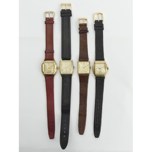 166 - Four manual wind gents square face watches on leather straps. UK Postage £12.