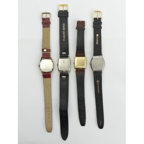 166 - Four manual wind gents square face watches on leather straps. UK Postage £12.