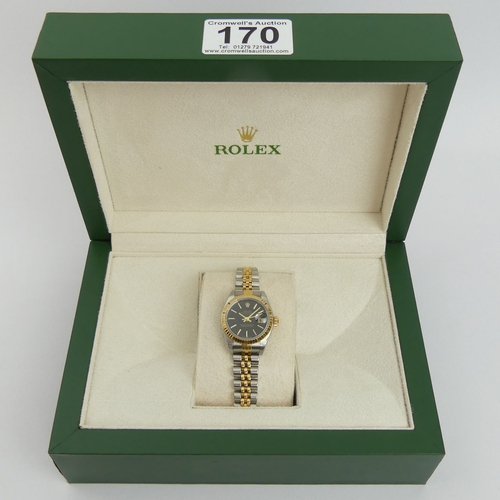 170 - Ladies Rolex Oyster Bi Metal black dial watch, with an associated box, serial no K808366, 29mm inc. ... 