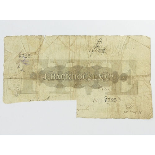 183 - 1885 Darlington Bank five pounds note. UK Postage £5.