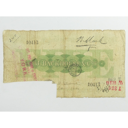 190 - 1882 Stockton and Tees five pounds note.  UK Postage £5.