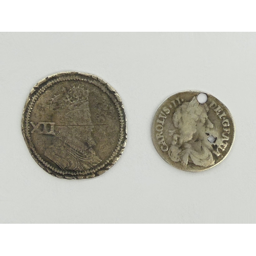 201 - Charles II 1679 silver fourpence coin and a James I sixpence.