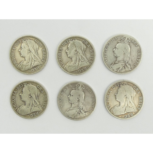 202 - Victorian six silver half crowns, 2 x 1900, 1x 1899, 1 x 1894, 1x 1890, 1 x 1891, 81.9 grams.