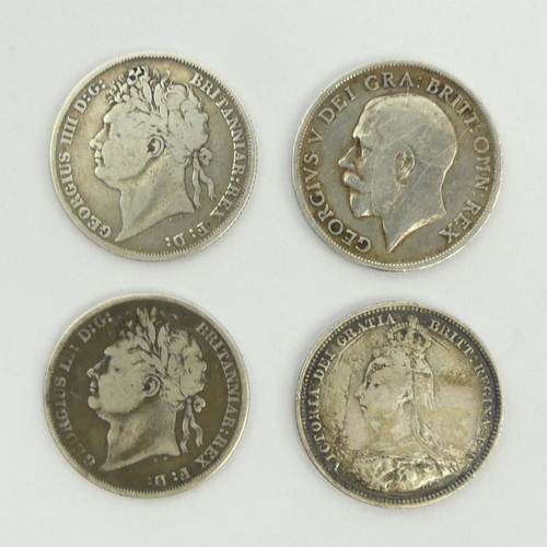 204 - Four silver shillings, 2 x 1824, 1x 1887, 1 x 1913.