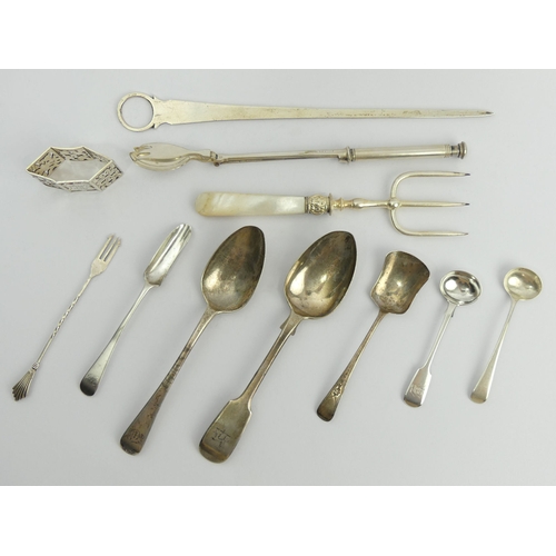 239 - Georgian silver meat skewer, various spoons, a napkin ring, bread fork and a pickle grab and fork. U... 