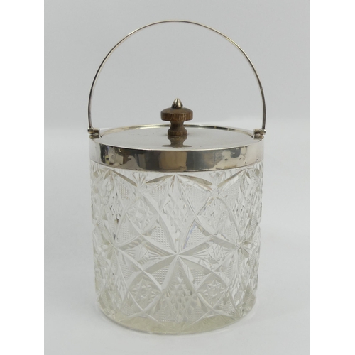 243 - George V silver and cut glass biscuit barrel, Birm. 1918, 21.5cm x 13cm diameter. UK Postage £15.