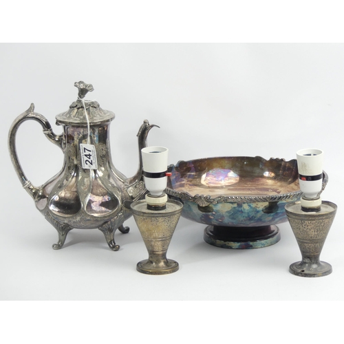 247 - A silver plated fruit bowl, coffee pot and a a pair of South Asian white metal lamps. UK Postage £16... 