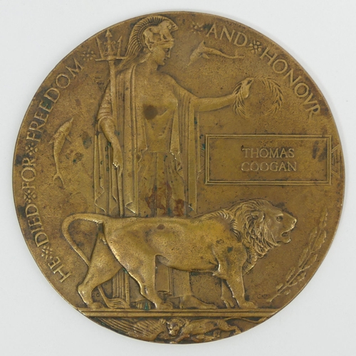 274 - World War I Death Plaque, Thomas Coogan, Royal Inniskilling Fusiliers. UK Postage £12.