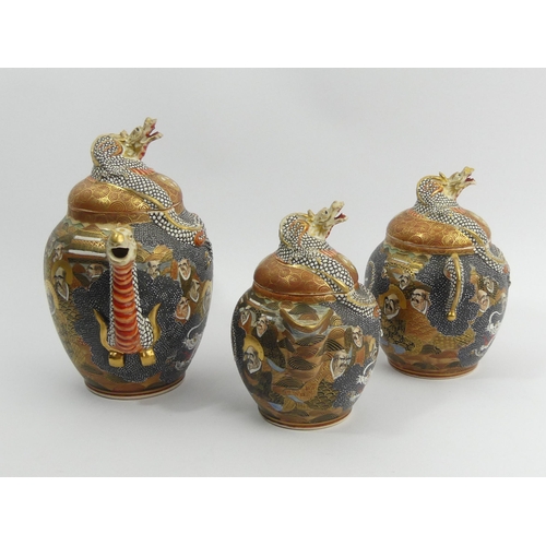 303 - Japanese Meiji period satsuma pottery dragon design 18 piece tea set. UK Postage £20.