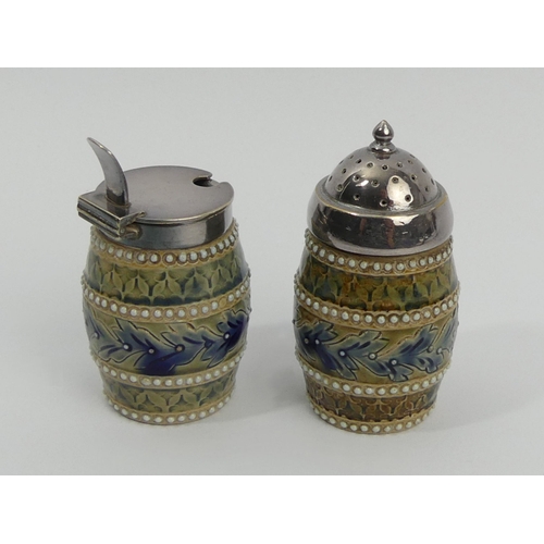 357 - Doulton Lambeth art pottery cruet set with silver plated mounts by Arthur Barlowe, 7.3cm. UK Postage... 