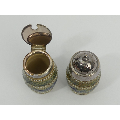 357 - Doulton Lambeth art pottery cruet set with silver plated mounts by Arthur Barlowe, 7.3cm. UK Postage... 